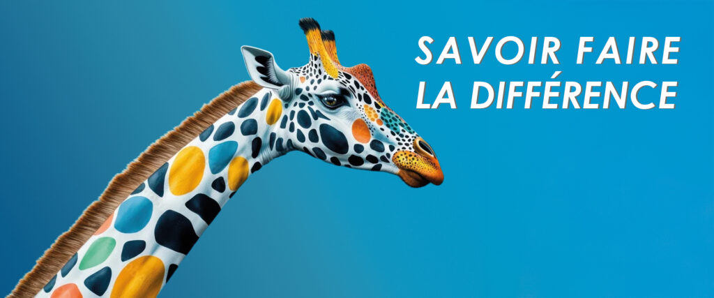 Illustration de girafe aux tâches multicolores, avec le texte : Savoir faire la différence